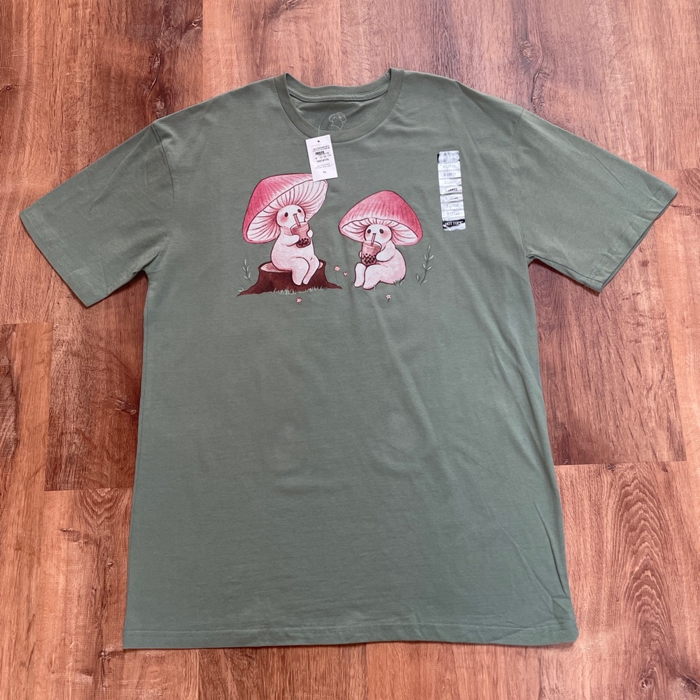 Hot Topic Mushroom Boba Graphic Tee Cottagecore Size XL Green Kawaii NWT New